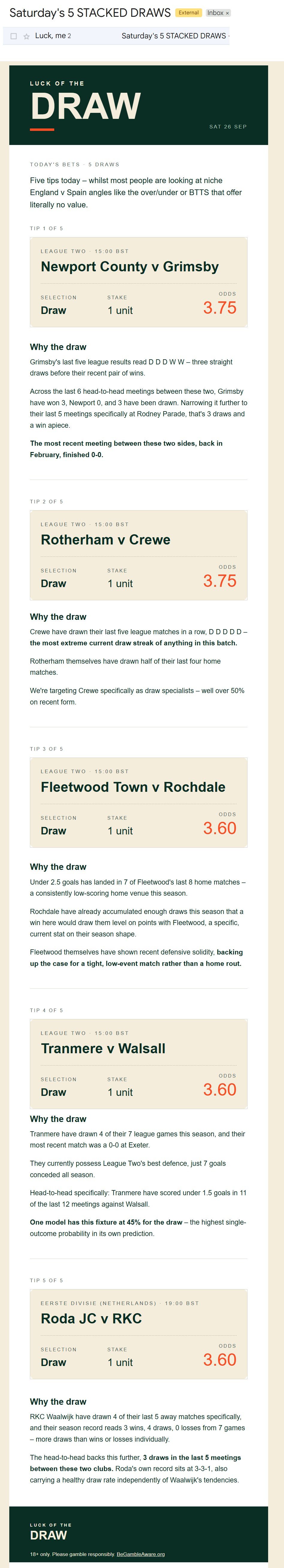 Luck of the Draw newsletter, Saturday 26 September: five draw tips with the league, kick-off time, selection, stake and odds, each with a why-the-draw explanation.